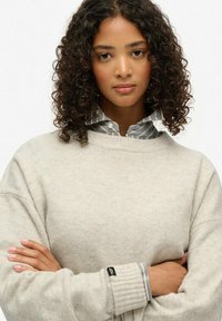 Lichtbeige trui met hoge hals, gemaakt van zachte stof. Gelaagd met een blauw gestreept overhemd eronder.