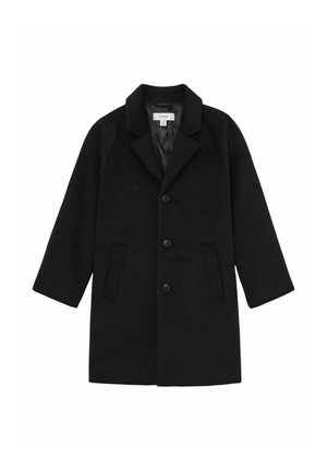 Cămașă din lână neagră cu guler tip notch, design cu un singur rând de nasturi, cinci nasturi și două buzunare laterale; are un căptușel interior neted.