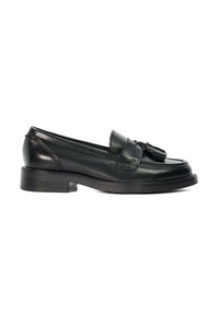 Black leather loafers with a smooth texture, featuring a decorative tassel accent and a low, stacked heel. Simple silhouette and stitching details.