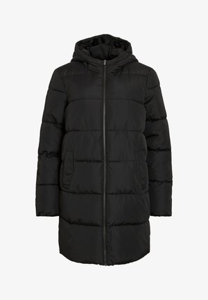 Geacă căptușită neagră, cu glugă, închidere cu fermoar frontal și buzunare laterale. Textură netedă cu design matlasat orizontal.