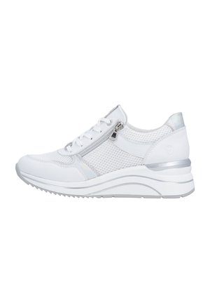 White athletic sneaker with mesh sides, lace-up front, side zipper, and thick cushioned sole with silver accents.