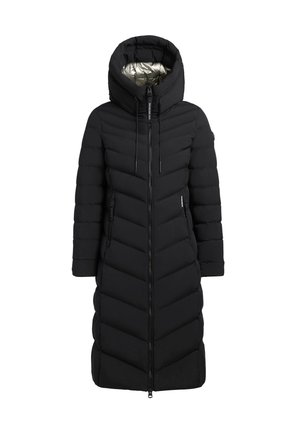 Czarna kurtka puchowa o długim kroju, w wzór w zygzak, z zapięciem na zamek błyskawiczny i kapturem. Wnętrze ma kontrastową srebrną podszewkę.