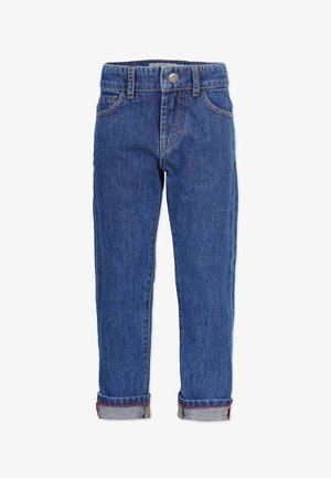 Blå denim jeans med lige snit, der har knaplukning, opsmøgede manchetter og subtile syninger. Klassisk fem-lomme design.