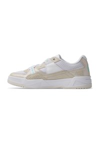Sneakers with a mix of white synthetic and beige perforated materials, featuring mesh panels, subtle mint accents, and a textured white sole.