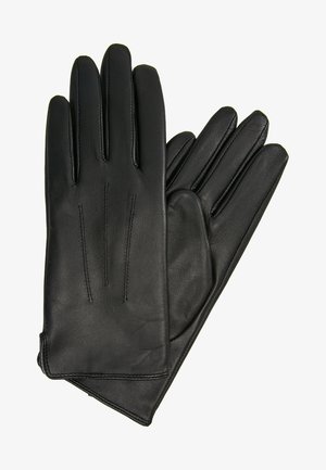 Gants en cuir noir au design élégant, à quatre doigts, avec des accents cousus à l'arrière. Texture douce avec une finition lisse.