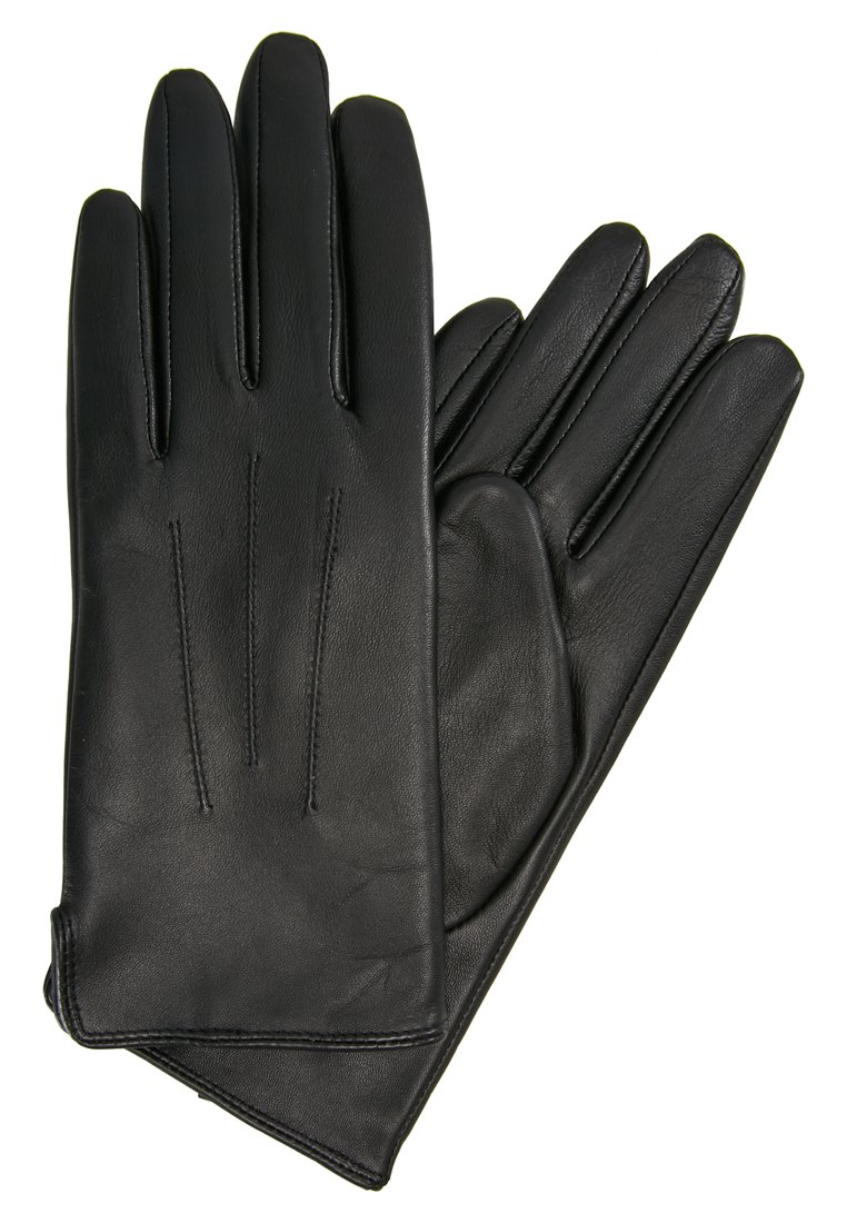 Guanti in pelle nera con un design elegante, quattro dita e dettagli cuciti sul retro. Tessuto morbido con una finitura liscia.