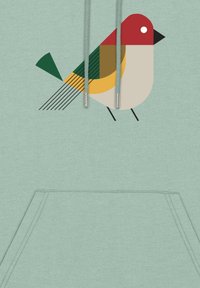 Ilustración minimalista de un pájaro geométrico con cabeza roja, cola verde, cuerpo amarillo y beige sobre un fondo de tela color verde claro con cuerdas de sudadera.