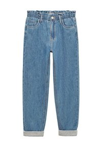 Svijetloplave traperice s opuštenim krojem, elastičnim pojasom, jednim prednjim gumbom i prevrnutim manžetama od sive tkanine. Vidljive prednje džepove.