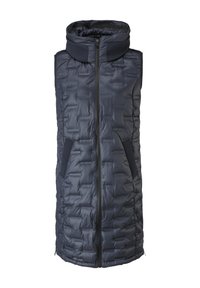 Gilet matelassé sans manches bleu foncé avec col montant, fermeture éclair frontale et deux poches latérales inclinées, présenté sur fond blanc.