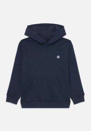 Felpa con cappuccio blu navy realizzata in tessuto morbido, dotata di tasca a marsupio frontale e piccolo logo sul petto. Polsini e orlo a coste.
