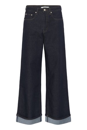 Σκούρο μπλε τζιν παντελόνι με φαρδιά πόδια, γυρισμένα τελειώματα, κλείσιμο με κουμπιά και φερμουάρ στο μπροστινό μέρος και τσέπες μπροστά και πίσω.