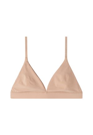 Bralette triangular nude hecho de tela suave, con finas correas ajustables y un diseño sin costuras. Sin relleno ni adornos.