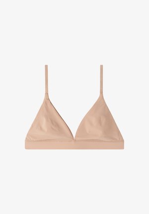 Bralette triangular nude hecho de tela suave, con finas correas ajustables y un diseño sin costuras. Sin relleno ni adornos.