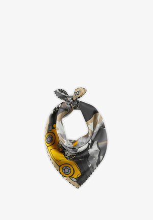 Foulard en soie carré présentant un motif de voiture jaune. La palette de couleurs comprend du gris, du noir et du beige avec une bordure à motifs. Noué dans un coin.