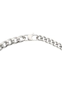 Srebrny metalowy naszyjnik z łańcuchem o dużych, połączonych ogniwach, gładkiej teksturze oraz zapięciu na box clasp.