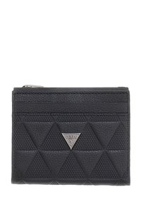 Portefeuille en cuir noir présentant un motif losange texturé, un logo triangulaire argenté et une fermeture éclair en haut. Plusieurs emplacements pour cartes sont visibles.