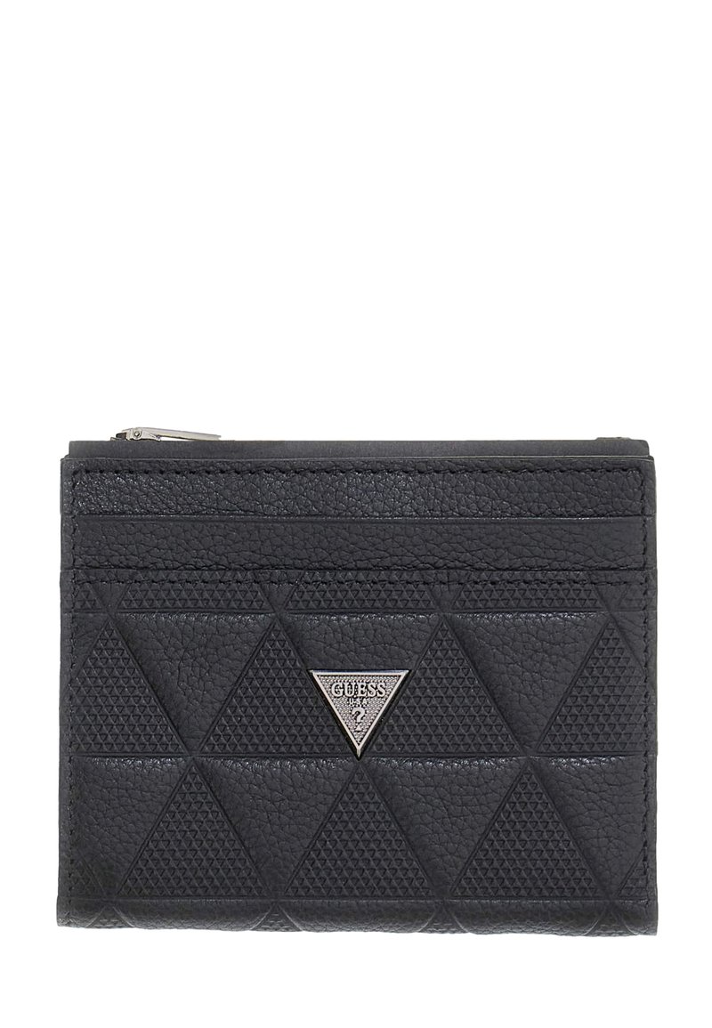 Portefeuille en cuir noir présentant un motif losange texturé, un logo triangulaire argenté et une fermeture éclair en haut. Plusieurs emplacements pour cartes sont visibles.