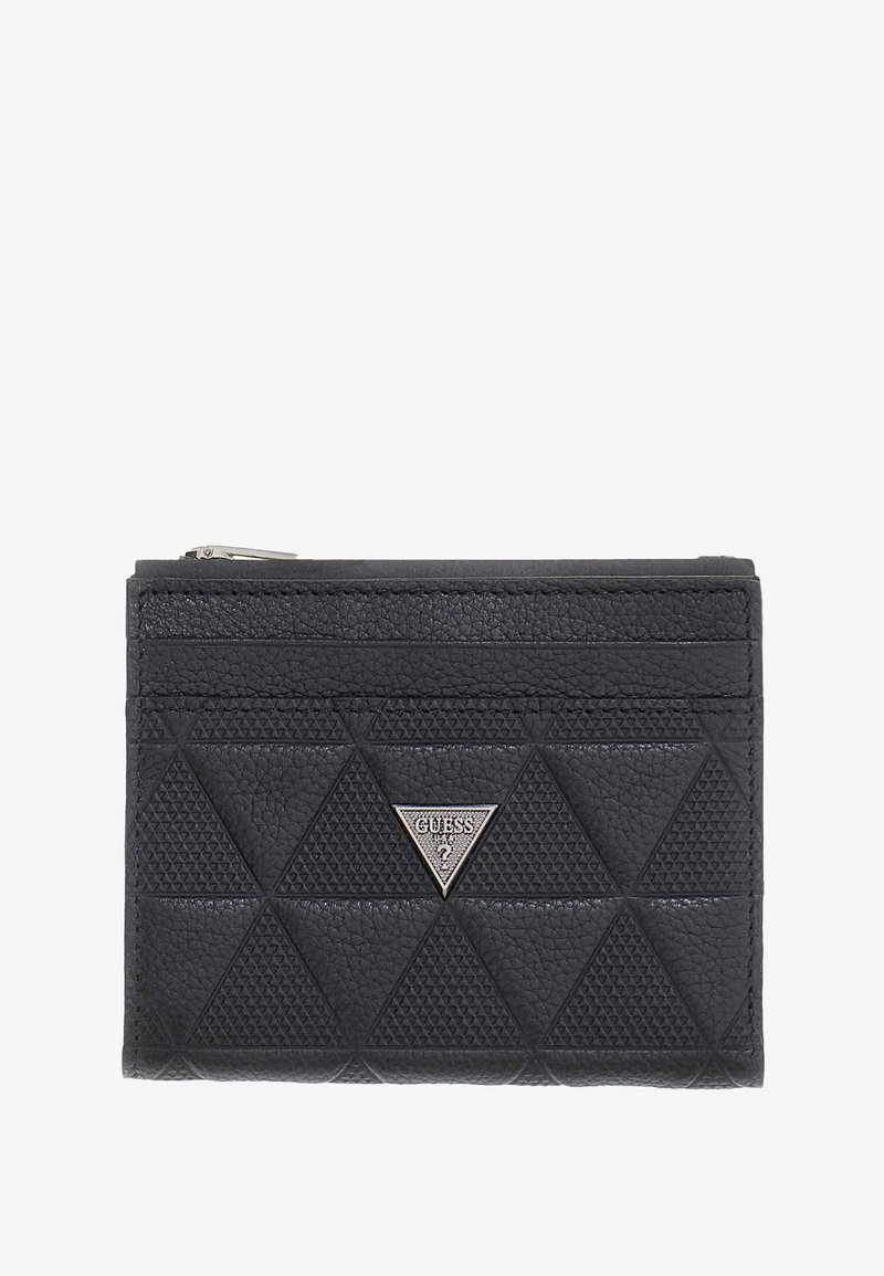 Portefeuille en cuir noir présentant un motif losange texturé, un logo triangulaire argenté et une fermeture éclair en haut. Plusieurs emplacements pour cartes sont visibles.