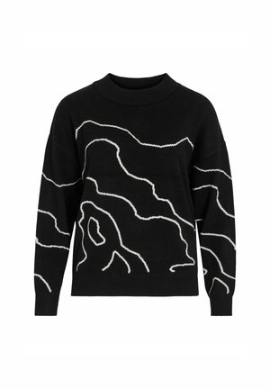 Maglione nero con motivi astratti bianchi, scollatura e polsini a costine, vestibilità ampia e tessuto a maglia testurizzato.