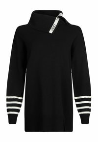 Pull noir à manches longues avec col asymétrique, bordure blanche à logo et poignets rayés avec détails en perles.