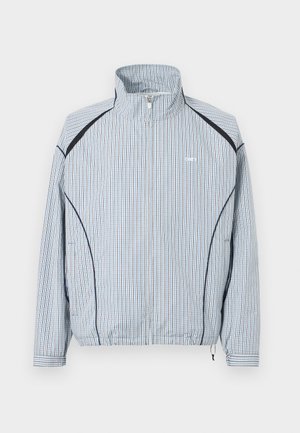 Lichtgewicht jack met ritssluiting, blauw-wit ruitpatroon, opstaande kraag, elastische manchetten en zijzakken met zwarte accenten.