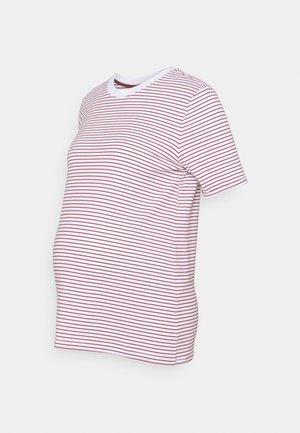 Weiß-rot gestreiftes kurzärmeliges Umstands-T-Shirt mit rundem Ausschnitt, dargestellt vor neutralem Hintergrund.