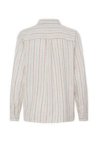 Chemise beige à manches longues avec fines rayures verticales marron et bleues, vue de dos, dotée d'un col et de poignets boutonnés.