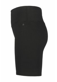Shorts de vélo noirs extensibles avec une taille haute, une texture lisse et un petit détail de logo. Ils présentent une coupe ajustée et une longueur mi-cuisse.