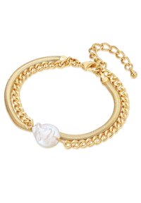 Bracciale in tono oro caratterizzato da un mix di stili di catena, un accento di perla liscia e iridescente e una chiusura regolabile con un'estensione a catena.