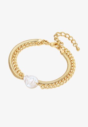 Kuldtooni käevõru, mis sisaldab erinevaid ketistilisi stiile, siledat, iridescentse pärli aksenti ja reguleeritavat luku, millel on ketielement.