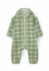 Fleece jumpsuit i grön rutigt mönster med huva och framdragkedja. Mjuk textur, långa ärmar och ankle cuffs för värme.