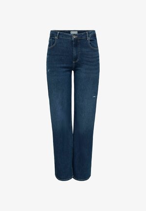 Tamsiai mėlynos tiesios kelnės iš džinso su šiek tiek dėvėjimo žymių ant šlaunų, klasikinis penkių kišenių dizainas ir sagčių su užtrauktuku užsegimas.