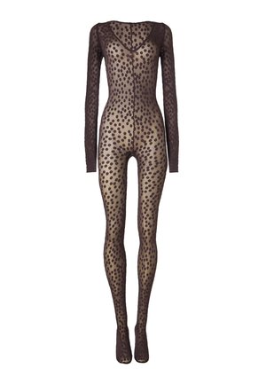 Collants transparents couvrant tout le corps, avec manches longues et pois irréguliers foncés sur fond nude, couvrant les pieds et les mains.