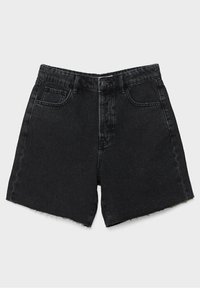 Shorts en denim noir à taille haute, avec bouton et fermeture éclair à l'avant, cinq poches, et bords d'ourlet bruts légèrement effilochés.