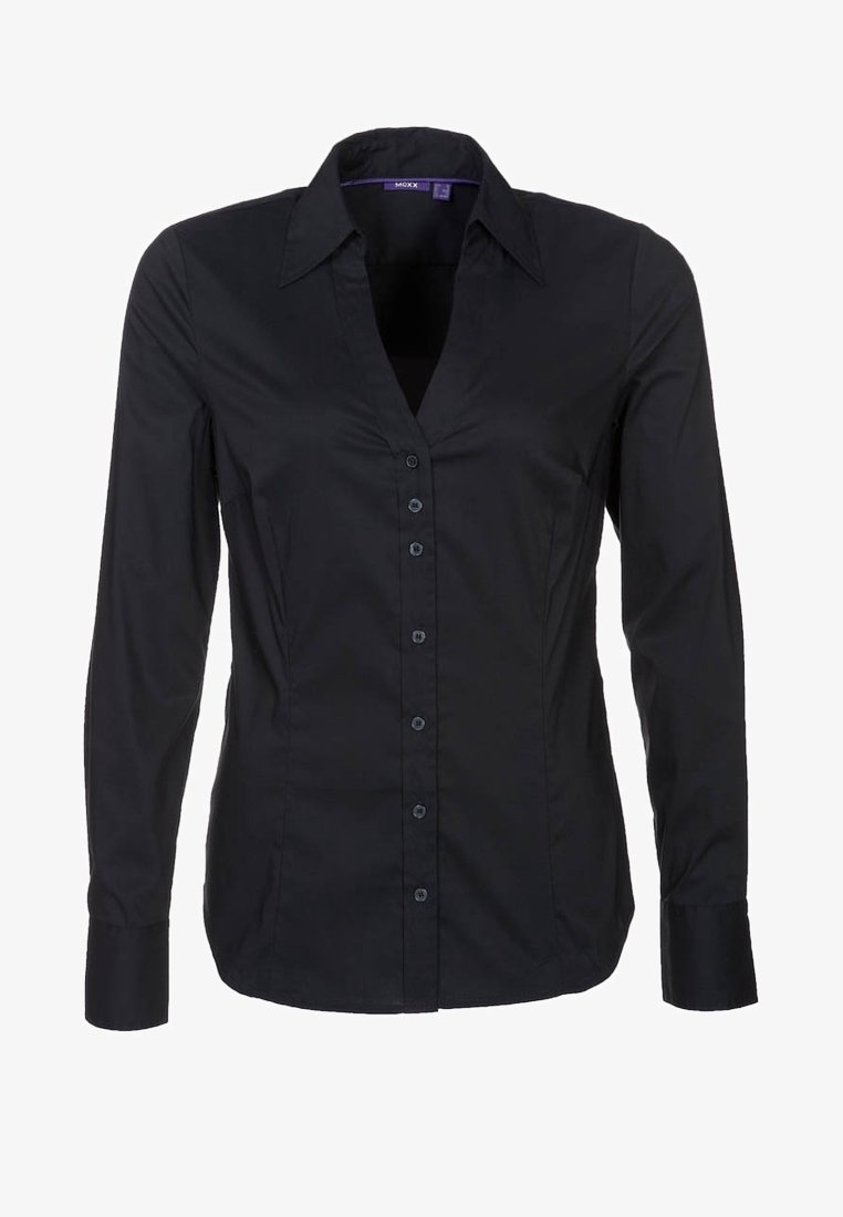 Chemise noire à manches longues avec col en V, fermeture à boutons sur le devant, coupe ajustée et texture en coton lisse et raffinée.