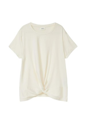 Crèmewit T-shirt met korte mouwen, een ronde halslijn en een gedraaide knoop aan de voorkant, gemaakt van zacht materiaal.