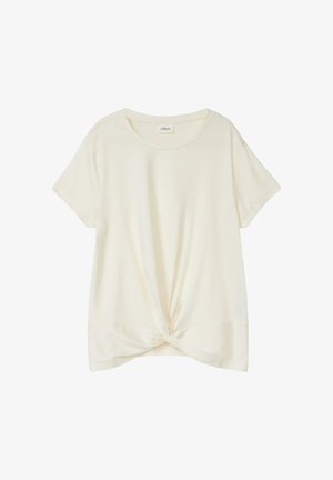Crèmewit T-shirt met korte mouwen, een ronde halslijn en een gedraaide knoop aan de voorkant, gemaakt van zacht materiaal.