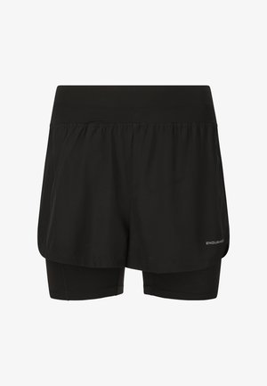 Sorte atletikshorts med indbygget tætsiddende inderlag og løst ydre lag, med teksten "Endurance" nederst på højre side.