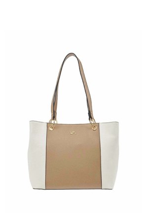 Borsa tote beige e bianca con doppi manici superiori, minuteria color oro e piccolo logo dorato sul pannello frontale centrale.