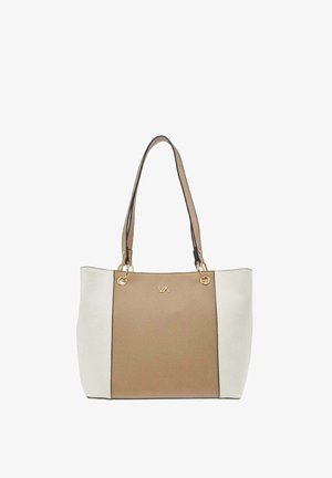 Beige-witte tote bag met dubbele bovenhandvatten, goudkleurige hardware en een klein gouden logo op het voorste middenpaneel.