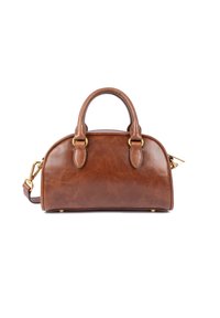 Sac à main en cuir marron avec une forme arrondie, deux poignées supérieures, des accents en métal doré et une bandoulière amovible. Texture lisse.
