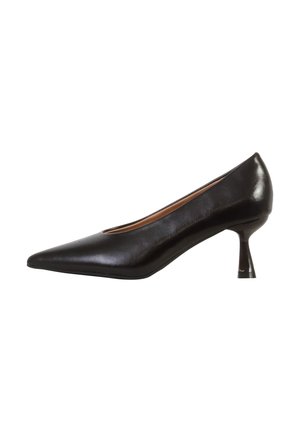 Escarpin pour femme en cuir noir à bout pointu, avec un petit talon relevé évasé et une finition lisse.