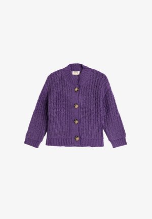 Paars chunky gebreide cardigan met lange mouwen en vier grote bruine knopen aan de voorkant, plat neergelegd.