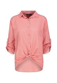 Pink striped blouse with roll-tab sleeves, a button-down front, and a knotted hem design. Made from lightweight fabric.
