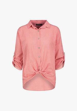 Pink striped blouse with roll-tab sleeves, a button-down front, and a knotted hem design. Made from lightweight fabric.