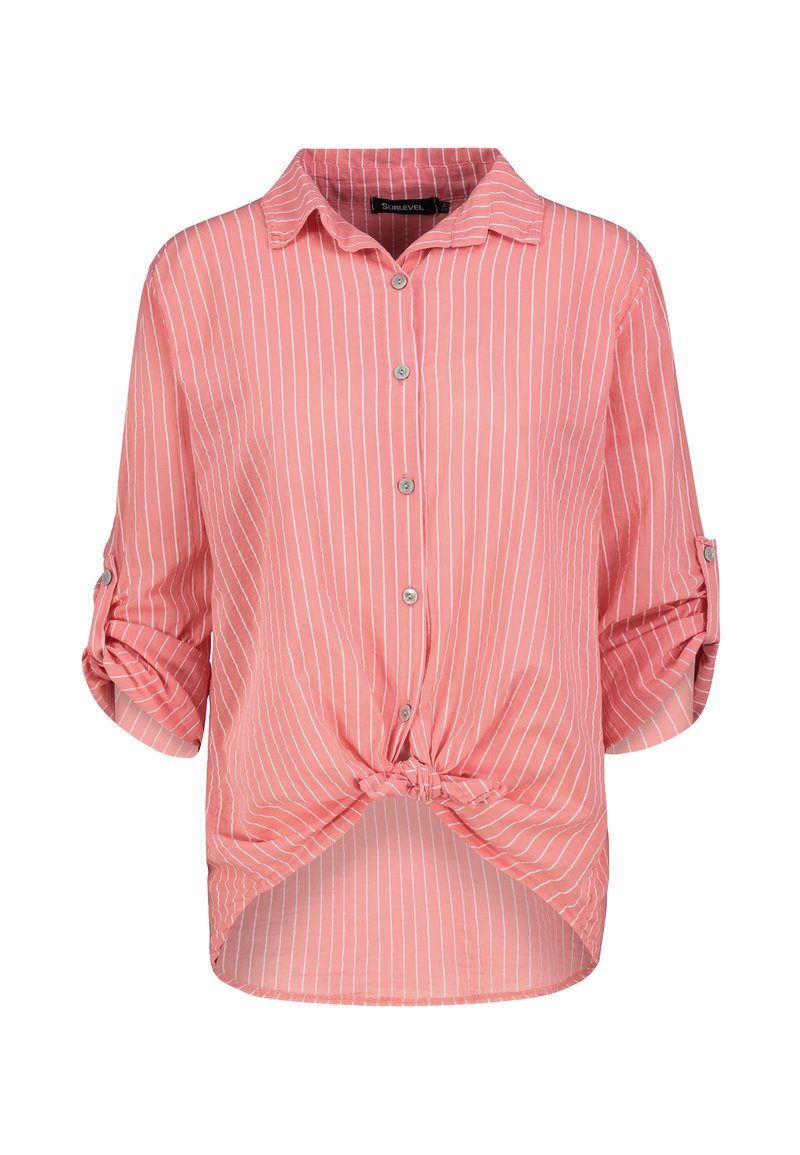 Pink striped blouse with roll-tab sleeves, a button-down front, and a knotted hem design. Made from lightweight fabric.