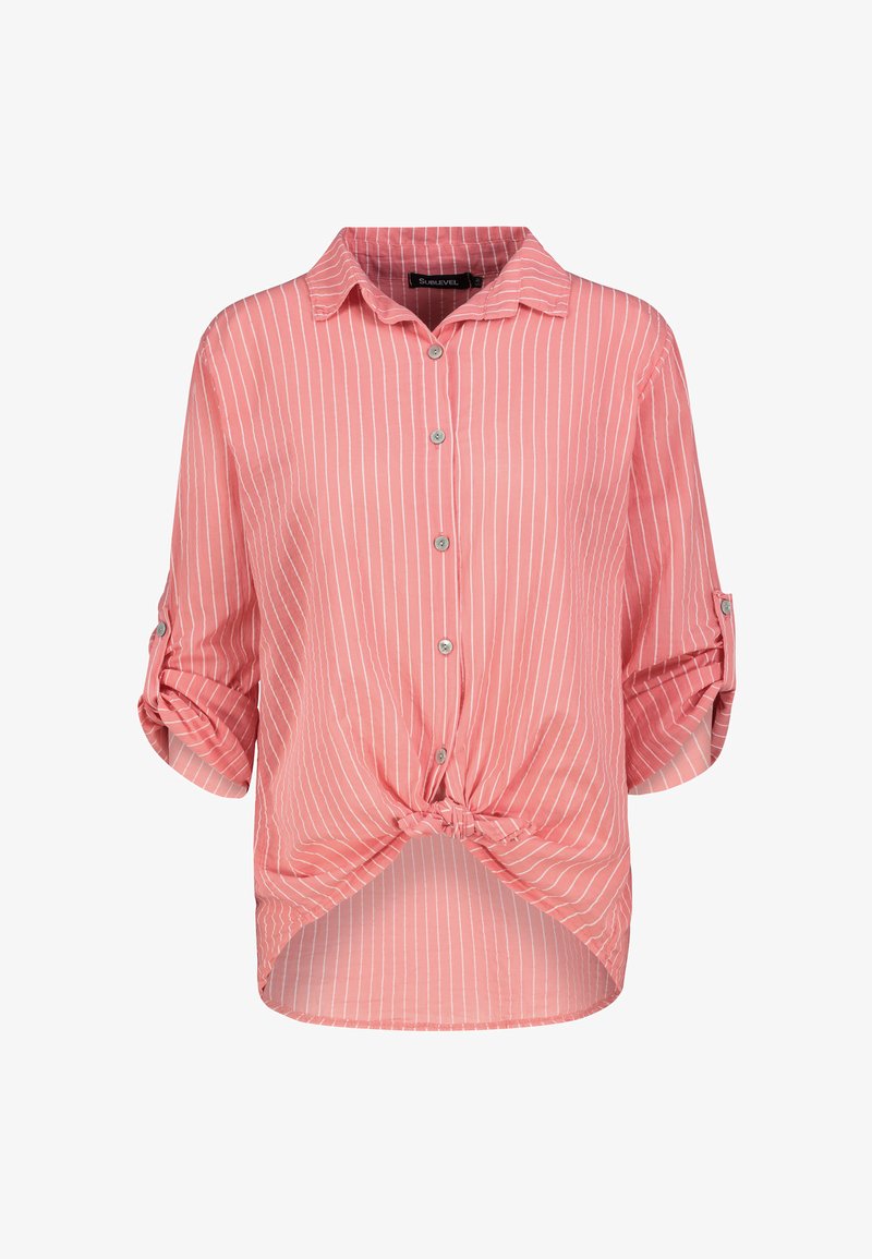 Pink striped blouse with roll-tab sleeves, a button-down front, and a knotted hem design. Made from lightweight fabric.