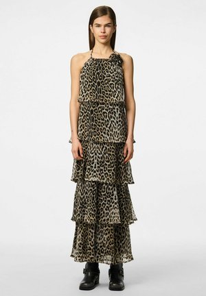 Robe à imprimé léopard avec des volants superposés, dotée d'un col officier et d'un détail floral. Fabriquée en tissu léger dans des nuances de beige et de noir.