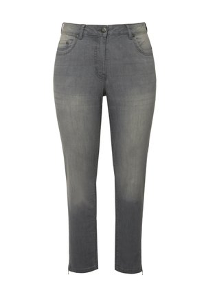 Grijze denim jeans met een slim fit, een middelhoge taille, voorzakken en ritsen bij de enkels, met een vervaagde wassing en een gladde textuur.