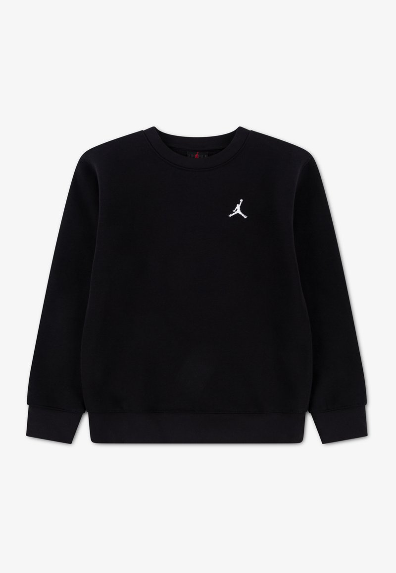 Fekete pulóver puha anyagból, kerek nyakkivágással, hosszú ujjakkal és fehér hímzett logóval a mellkason.